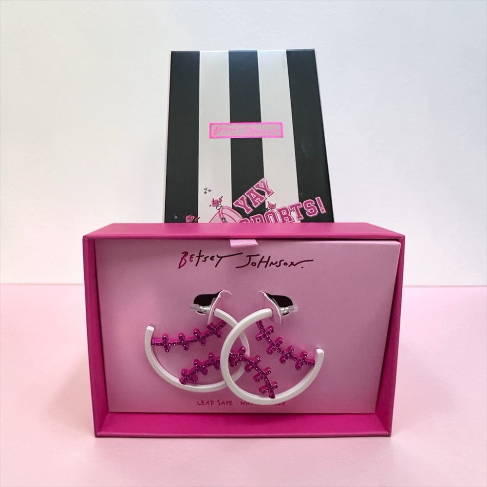 Betsey Johnson White Hoop Earrings with Pink Bead Stitching